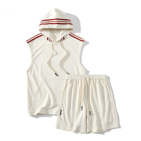 

men's casual shirts front pocket hooded sleeveless men's tshirt and elastic waist shorts sporty style man set j230503, White;black