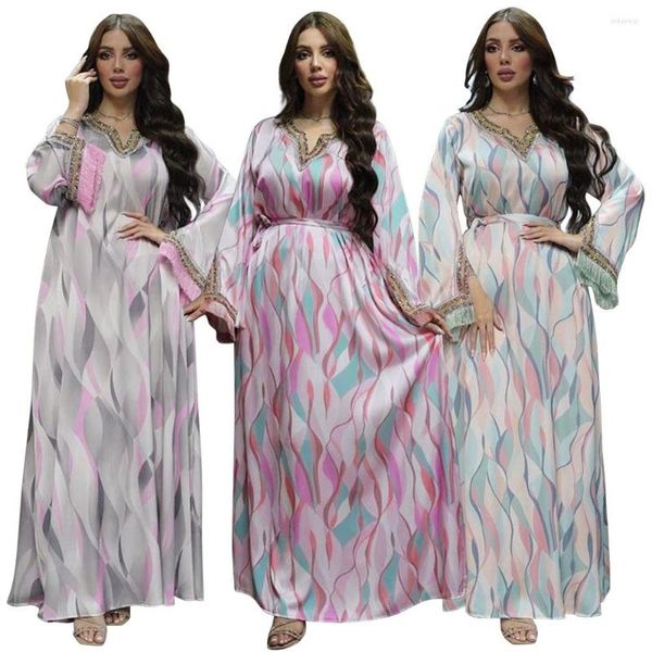 

Ethnic Clothing Stripes Printing Muslim Robe Luxury Diamonds Tassels Long Sleeves Fashion Middlee East Party Evening Dress Abaya Dubai