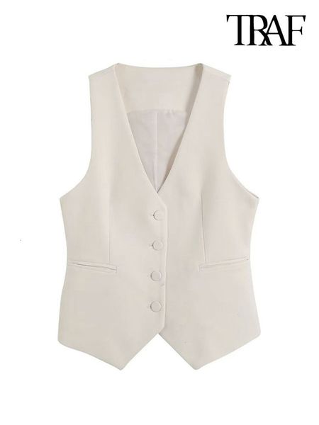 

women's vests traf women fashion front button fitted waistcoat vintage sleeveless welt pockets female outerwear chic vest 230503, Black;white