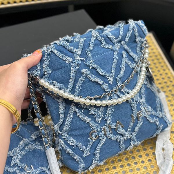 

22 mini denim women designer tote bags with coin charm pearl silver letter metal hardware matelasse chain tassel garbage bag shoulder handba