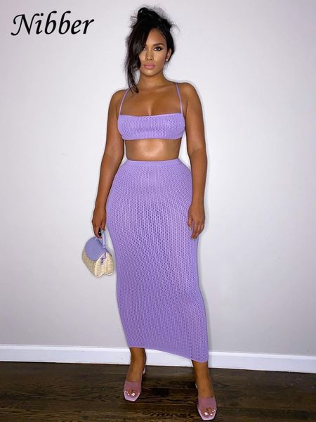 

two piece dress nibber knitted classic 2two set women halter lace up maxi hip skirt outwear female elegant outfits street 230504, White