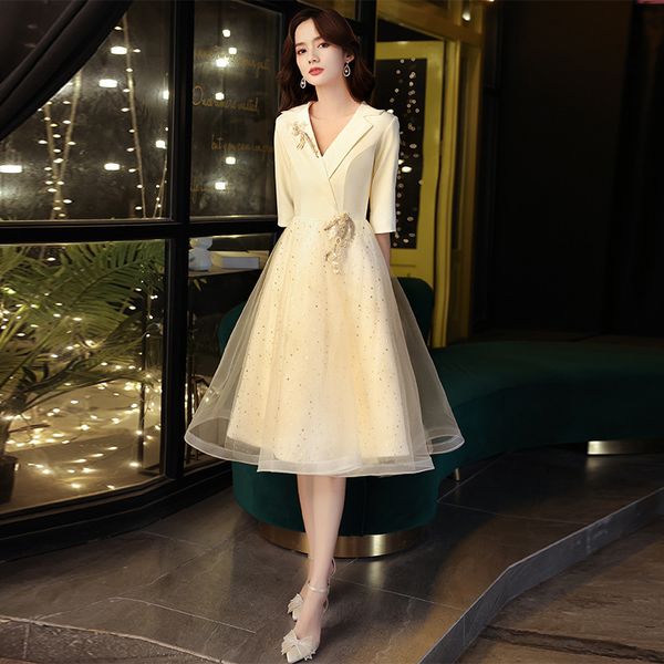 

party dresses champagne suit collar v neck formal evening dresses half sleeves sequined tulle ball gown embroidery applique robe de soriee 2, White;black