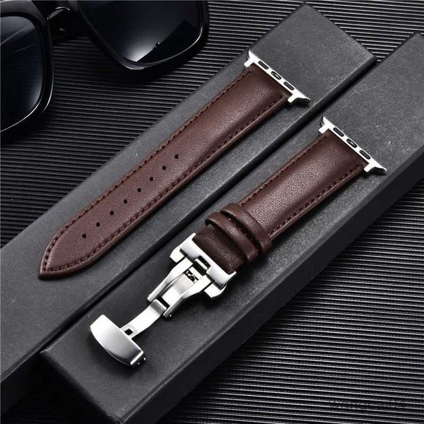 

watch bands genuine leather straps for 8 7 6 se 5 4 butterfly buckle band 38mm 40mm 41mm 42mm 44mm 45mm for i, Black;brown