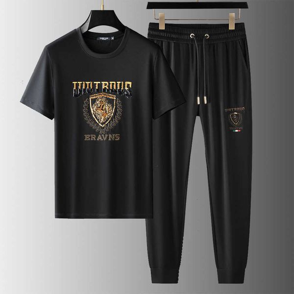 

hoodies & sweatshirts men's casual summer new trend, short sleeved t-shirt, two-piece set, horse embroidery, fashion matching,, Black