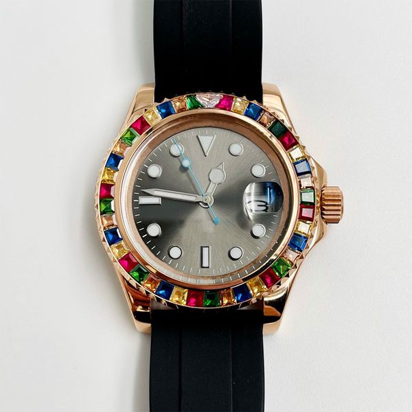 

watch mens watch rainbow bezel automatic mechanical watches rubber strap montre de luxe wristwatch for men 40mm, Slivery;brown