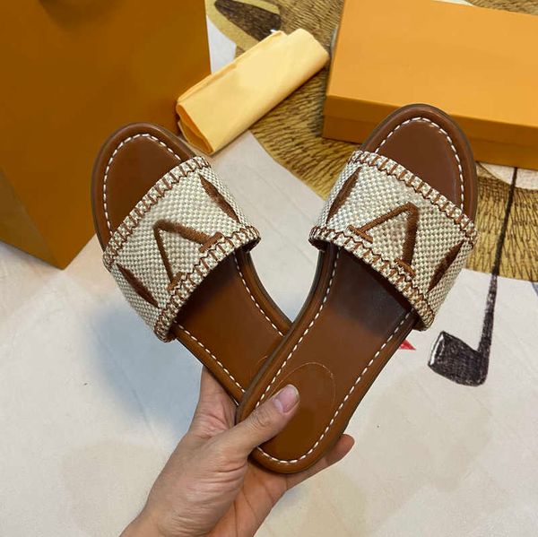 

2023 women l embroidery slippers banquet logo flat canvas leather slides shoes pp raffia straw summer mule flip flops multicolor flat heel m, Black