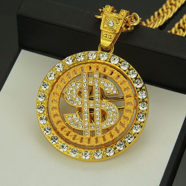 

2022european and american hip hop personality tide brand necklace encrusted diamond dollar rotating pendant collar nightclub club-club acces, Silver