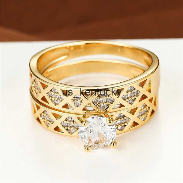 

band rings tren crystal round stone wedding rings gold color bridal ring sets retro hollow geometric zircon ring set for women party, Silver