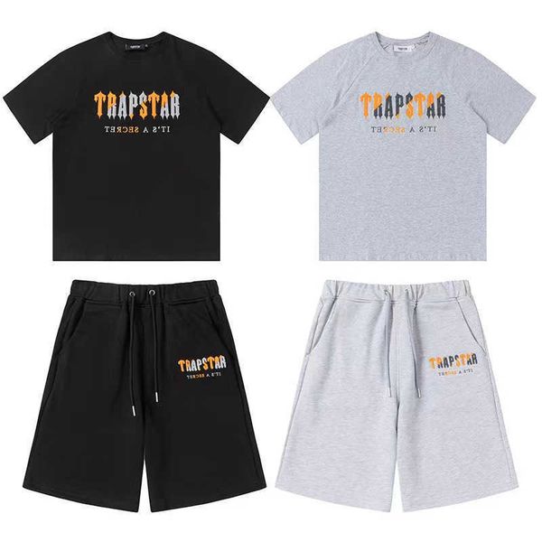 

summer new trapstar letter orange grey towel embroidery casual set short sleeve shorts for men and women couples, Black;white
