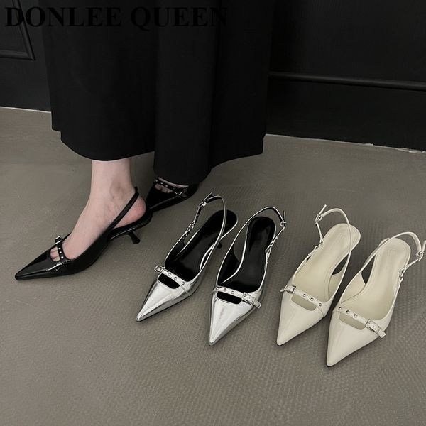 

sandals fashion slingback women med heels pumps rivet shoes elegant pointed toe female mules dress slides denim sandalias mujer 230503, Black