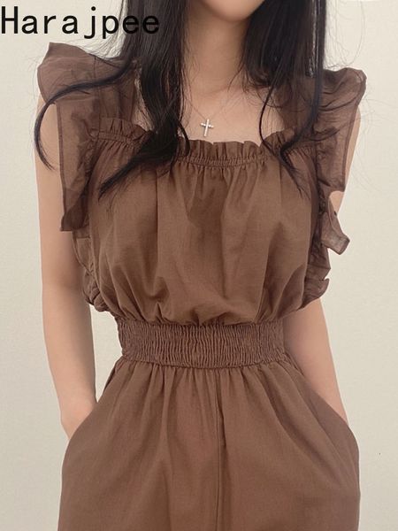 

women's jumpsuits rompers harajpee wide leg jumpsuit for women summer square collar ruffles vintage solid color elastic waist flying sl, Black;white