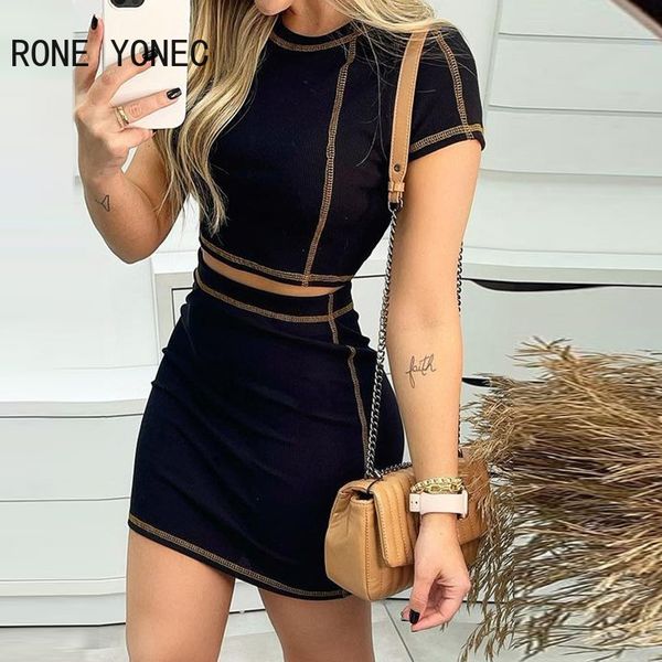 

two piece dress women casual chic round neckshort sleevesbright line decoration bodycon skirt sets 230504, White