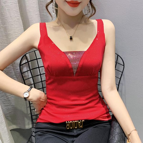 

t-shirt new summer 2022 fashion casual sleeveless women tank vneck solid color diamond mesh camis elasticity tshirt, White