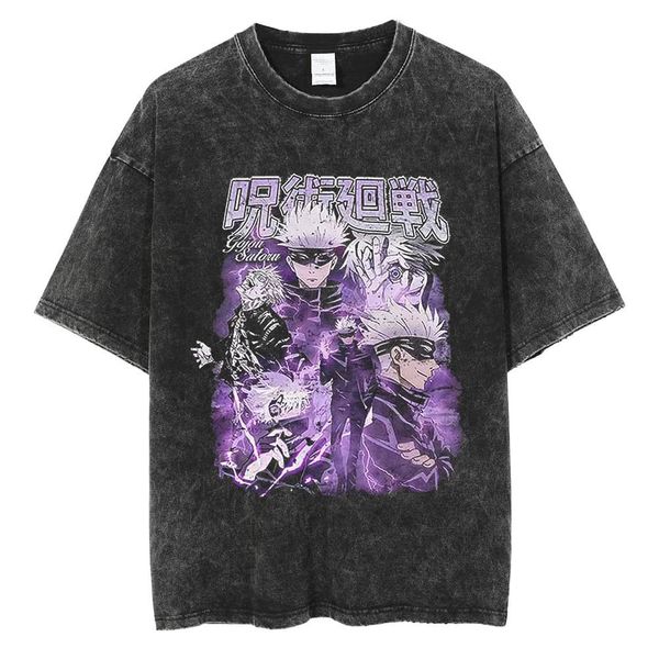 

men's t-shirts anime jujutsu kaisen tshirt gojo satoru washed t shirt 100% cotton t-shirt men yuji itadori y2k vest summer short-sleeve, White;black