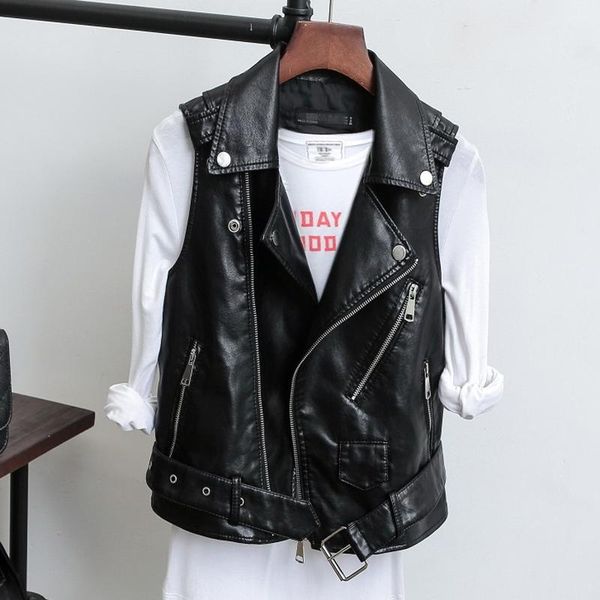 

vests female black leather vest 2022 fashion zipper pu leather jackets women motorcycle jacket waistcoat vest xz747, Black;white