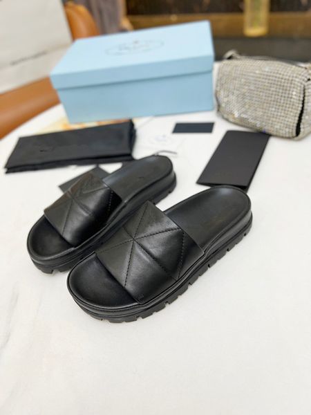 

designer woman ladies leather slippers women sandals slide sandal platform slipper chunky heel height shoes summer 0420, Black