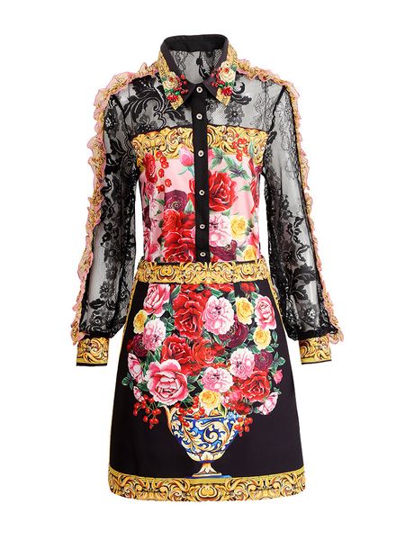 

two piece dress sicilian rose autumn suit womens lace ruffle long sleeve shirts floral short skirt 2pcs sets outfit 230504, White