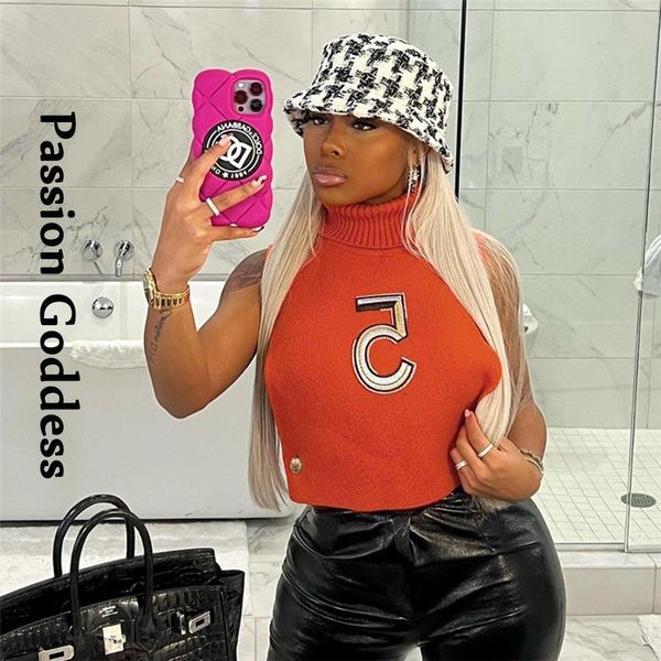 

tanks fashion women number 5 embroidered crop sleeveless knitted turtleneck tank vest bustier orange hollow out cropped party, Black;white