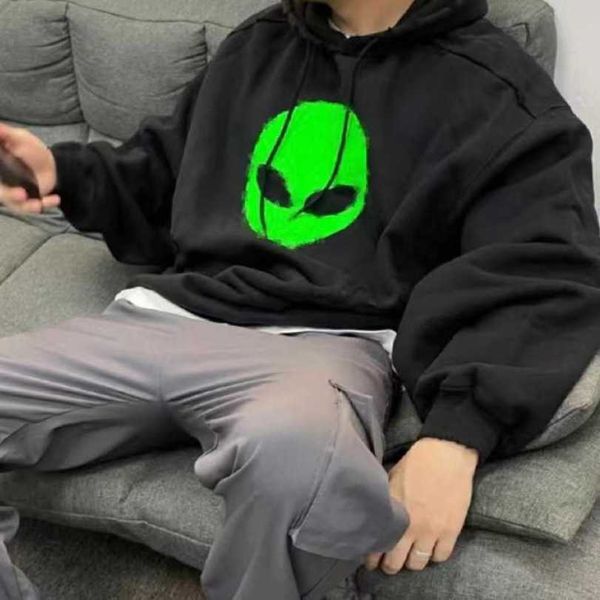 

designer t shirt shirt high edition alien cartoon print couple os round neck loose long sleeve hoodie, Black