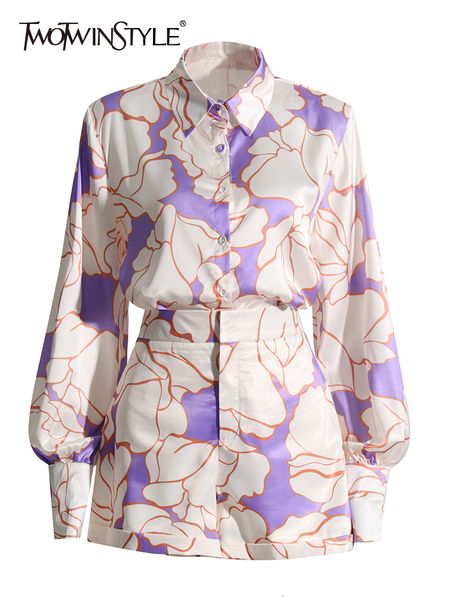 

women's tracksuits twotwinstyle hit color two piece sets for women lapel long sleeve high waist patchwork zipper shorts loose print set, Gray