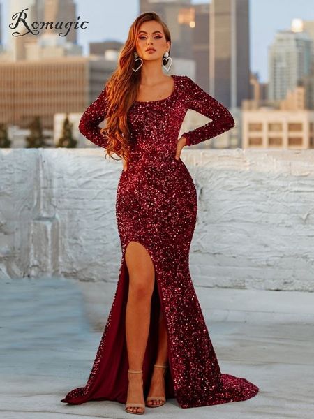 

party dresses luxury burgundy long sleeve sequin floor evening dress stretch velvet square neck mermaid prom slit party engagement sparkly 2, White;black