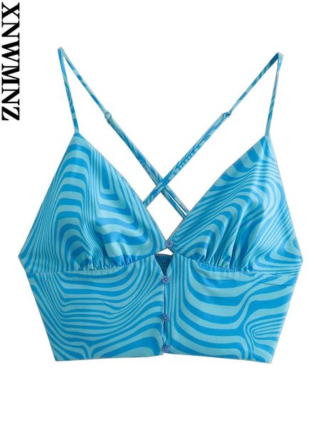 

t-shirt xnwmnz women chic stripe printed satin crop female retro backless thin adjustable straps vneck 2022 summer blouses, White