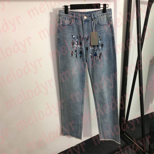 

designer jeans summer high waist denim pants fashion print women straight jeans, Blue