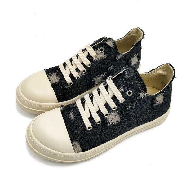 

rick ro owens hip-hop woman men's low-shoes ripped denim casual canvas classic all-match sport