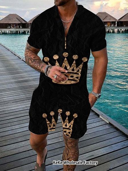 

mens tracksuits summer short sleeve polo shirt 2piece set crown 3d printed tracksuit casual shorts suit oversized boho trend print clothes, Gray