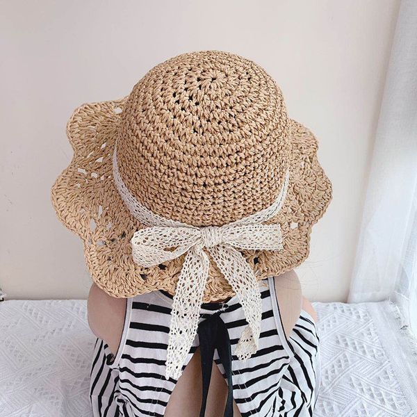 

fashion baby large brim straw woven cap sun protection lace cap hat kid girl princess beach cute infant bucket hat, Yellow