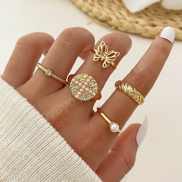 

5pcs vintage hollow butterfly rings set for women fashion metal gold color geometric pearl ring 2023 trendy jewelry gifts, Silver