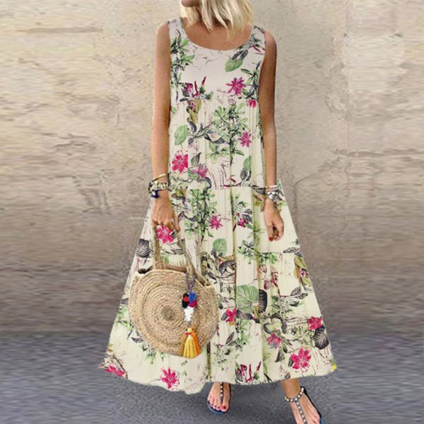 

casual dresses floral print bohemian summer sleeveless oneck cotton linen women boho holiday beach s5xl 230504, Black;gray