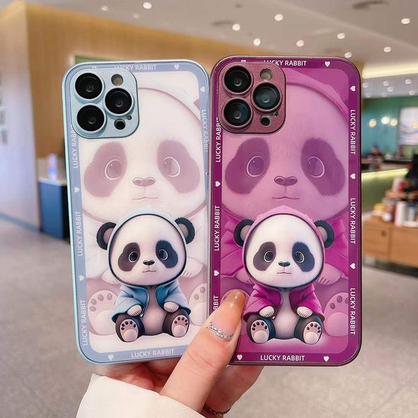 

cute panda glass for iphone 14pro case metallic paint, 13 full package lens film
