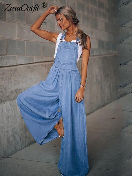 

women's jumpsuits rompers wide-leg denim jumpsuits women pockets elastic high-waist loose sleeveless female jumpsuit spring casual fash, Black;white