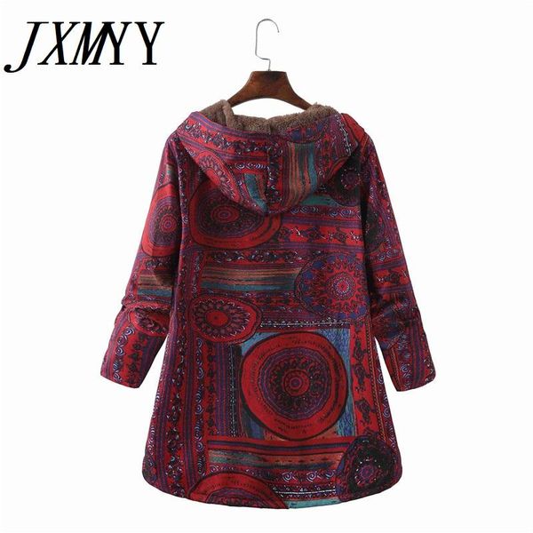 

fur women winter floral printed coat vintage harajuku plus size loose casual jackets plus velvet thick warm hooded fashion coat, Black