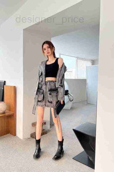 

two piece dress designer 23ss new cool and handsome functional style gradual halo dyed stone grey denim set 9q2n, White