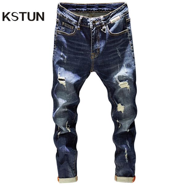

men's jeans mens ripped jeans slim fit dark blue spring autumn destroyed torn stylish moto biker jeans denim pants men hip hop streetwe