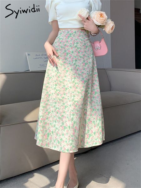

skirts syiwidii floral print skirt for women high waisted korean fashion elegant midi skirts ladies chic a line casual skirt 230504, Black