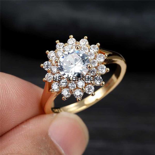 

band rings fashion gold silver color wedding ring female luxury crystal flower ring white zircon big round stone engagement rings for women