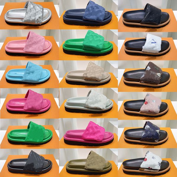 

casual shoes designer slippers pool pillow comfort embossed mules platforms sandals men women triple black pink deep blue luxury summer slid