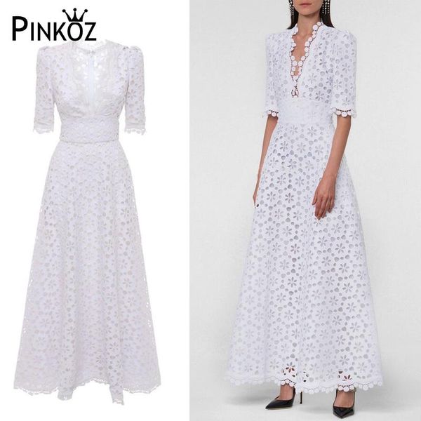 

dresses pinkoz white dress vneck lace patchwork hollow out half sleeve party designer maxi dresses women femme evening new, Black;gray