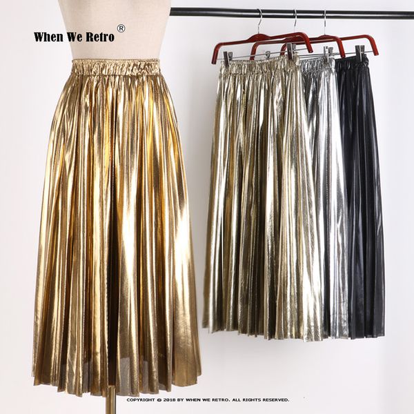 

skirts elegant women midi skirt vd1824 high waist black silver gold solid color pleated skirt 230504