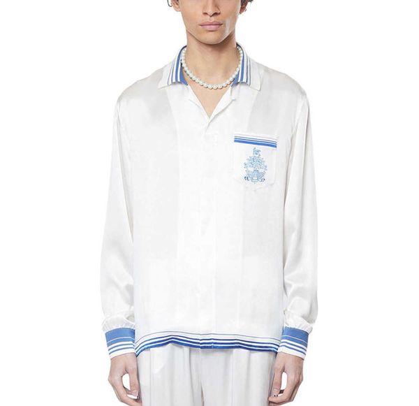 

2023ss casablanca designer shirt silk casual hawaii beach blue and white color matching holiday twill shirt for both men and women, White;black