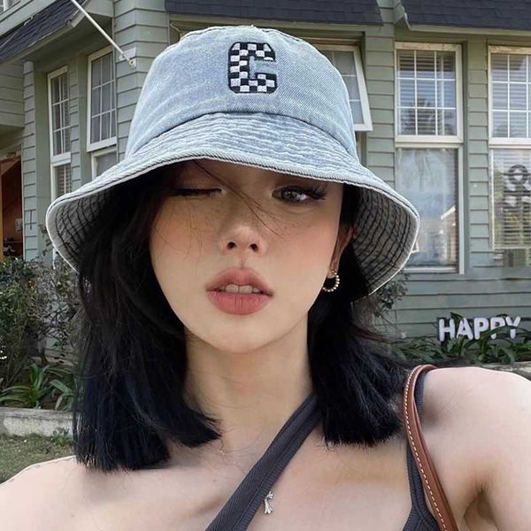 

wide brim hats summer washed denim fisherman cap autumn women's beach travel bob shade bucket hat embroidered c letter men's panam, Blue;gray