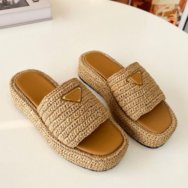 

designer slippers triangle buckle raffia straw espadrilles women thick bottom sandals slip on mules slides lady platform wedges square toe f, Black