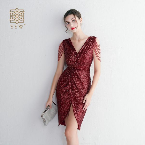 

party dresses burgundy short evening dress deep v beads luxury sequin glitter celebration dress sleeveless mermaid gowns evening vestido de, White;black