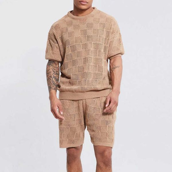 

men's casual shirts leisure men's knit clothing solid hollow out casual two piece suits 2023 spring summer men fashion o neck t sh, White;black