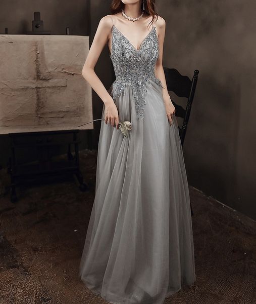 

2023 elegant gray homecoming cocktail dresses deep v-neck long tulle a line sleeveless beads sequins illusion evening party gown new, Black