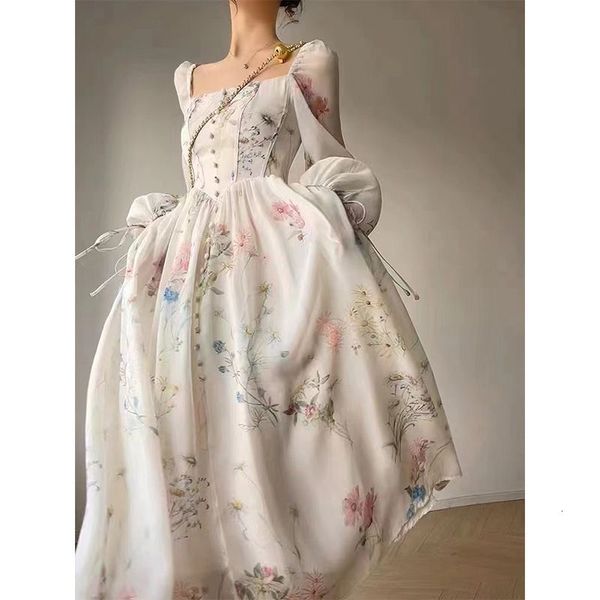 

casual dresses tea break small fragrance floral dress spring female fishbone selfcultivation printed first love fairy long skirt trendy 2305, Black;gray