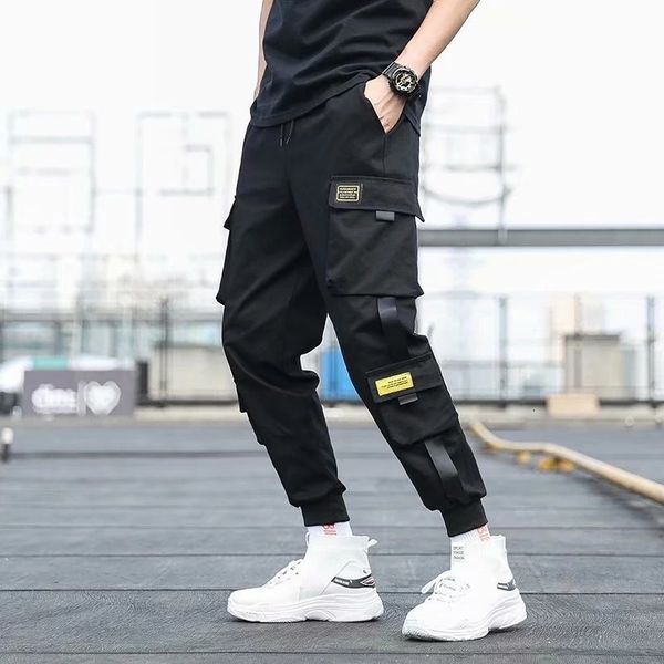 

mens pants side pockets cargo harem ribbons black hip hop casual male joggers trousers fashion streetwear 5xl 230504